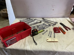 lot 174 image: Misc Wrenches, Box Cutter with blade, Wire Stripper, Tape Measure