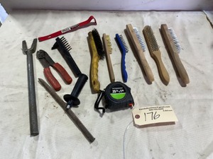 lot 176 image: Lot of wire brushes, tape measure, chisel wire cutter, pickle fork, 12 pry bar