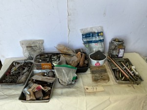 lot 77 image: Misc Bolts, Nuts, Pipe, Handle Hose, Dryer Cord, Magnet Tray