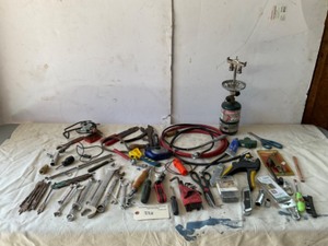 lot 333 image: Shop tools, wrenchs, drill bits, hex wrenches, box cutters, leather punch, air hose, Lp lantern