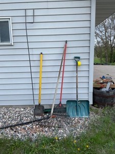 lot 363 image: Lawn & Garden- Snow shovel, broom, 2 rakes, chipper, shepherd hook, fiberglass handle