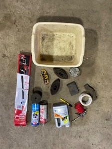 lot 214 image: Liguid transfer pump, CLR, Lead, Vintage Irons, oil can, plastic dish pan