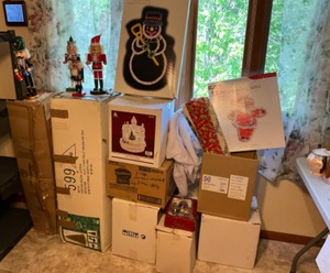 lot 460 image: X-Mas Decor, Snowman Light, 2 Xmas Trees, White Village, Nut Crackers, Bulbs, Wrap