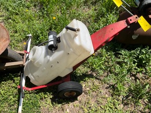 lot 658 image: Scrap - Air compressor, 14 gal Sprayer, Vintage Wheel Barral, Digger tooth
