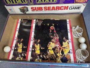 lot 89 image: Vintage Board Game Lot - 1973 MB Sub Search 3 Level Strategy Game1996 Barbie Sparkle Kingdom1988 Cadaco NBA Bas-ket1973 Cadaco NBA Basketball GameDetourImpact Zone