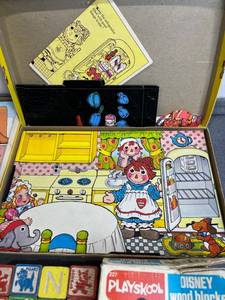 lot 122 image: Vintage Childrens Toy Lot - 1978 Playskool Wood Letter Blocks (Complete)Playskool Disney BlocksColorforms Mickey Mouse Play House1975 Colorforms Raggedy Ann Play Kitchen