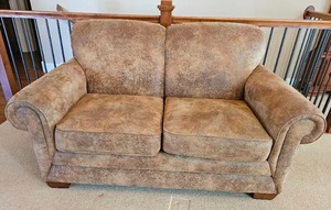 lot 20 image: La-Z-Boy Distressed Faux Suede Contemporary Camel Loveseat