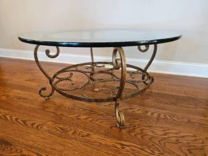 lot 10 image: Elegant Scrolled Metal Glass Top Cocktail Table