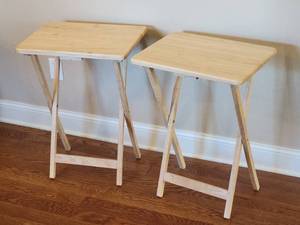 lot 55 image: Convenient Blonde Folding TV Table Pair