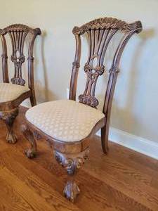 lot 33 image: Elegant Upholstered Chippendale Accent Chair Pair