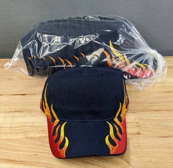 lot 14C image: 24 Brand New Advantage Series Ltd. Dark Navy Blue with Flames Hats OSFM A