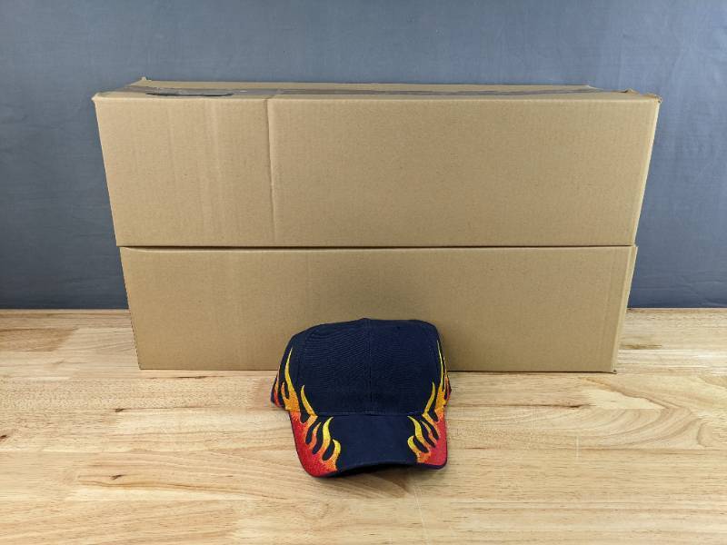 lot 57B image: 48 Brand New Advantage Series Ltd. Dark Navy Blue with Flames Hats OSFM A