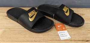 lot 136 image: New Nike Benassi JDI Slide Sandals Mens Size 8 Black with Gold N