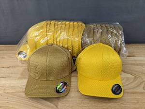 lot 55B image: 22 Brand New Yupoong FlexFit Hats in Vegas Gold & Yellow OSFM A