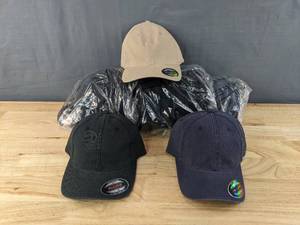 lot 133A image: 20 Brand New Yupoong FlexFit Hats in Black, Khaki, and Navy Blue Sizes L-XXL A