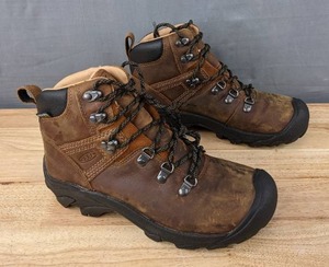 lot 40B image: Keen Pyrenees Mid Height Waterproof Syrup Brown & Black Hiking Boots Womens Size 7 with Extra Laces L