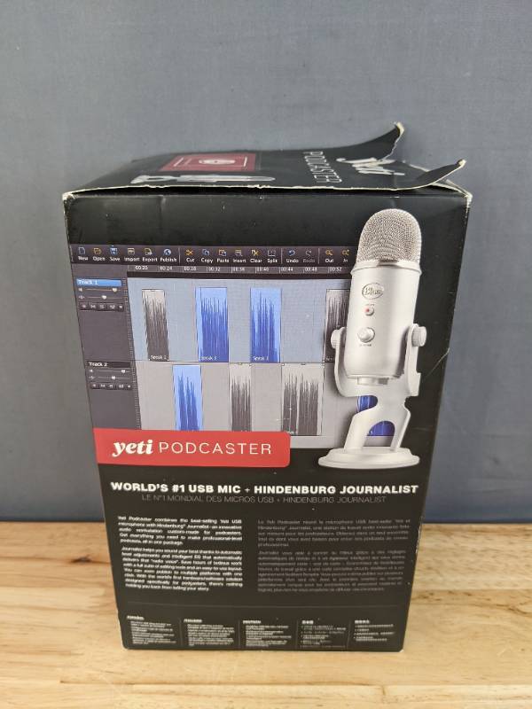 lot 9B image: Brand New Blue Yeti USB Microphone for Gaming, Streaming, Podcasting, Twitch, YouTube, Discord, Recording for PC and Mac, 4 Polar Patterns, Studio Quality Sound, Plug & Play-Silver  N