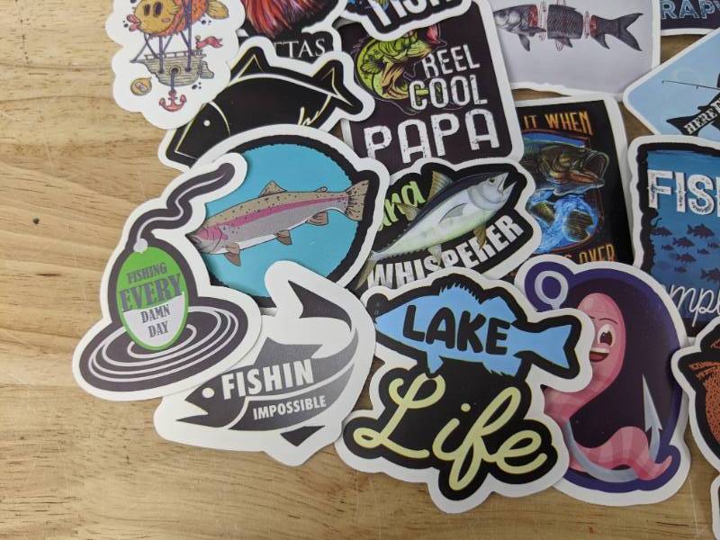 lot 63A image: 52 Brand New Fishing Stickers Trout Bass Bait Hook N