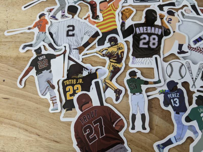 lot 71B image: 52 Brand New MLB Baseball Stickers Dodgers Red Sox Yankees Braves Harper Mays Robinson Jeter Ortiz Judge Griffey Tatis Trout N