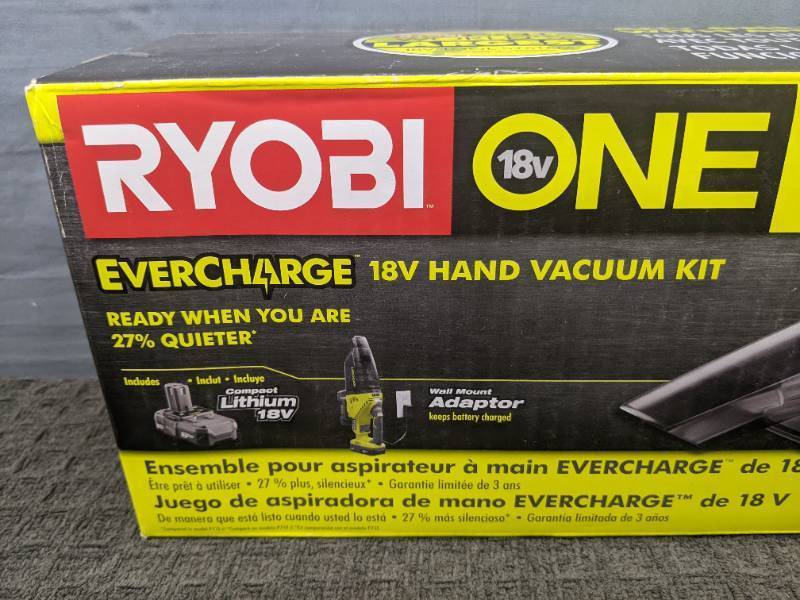 lot 29A image: Brand New Ryobi ONE 18V Lithium-Ion Cordless EVERCHARGE Hand Vacuum Kit with 1.3 Ah Compact Battery and Wall AdaptorCharger O