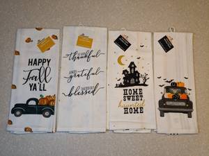lot 411 image: Four New Cotton Kitchen Towels Happy Fall Happy Halloween P