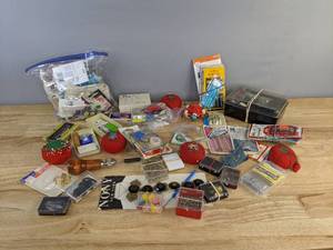 lot 119 image: Large Assortment of Sewing Items - Buttons, Tape Measures, Needles and Pins, Pin Cushions, and more E