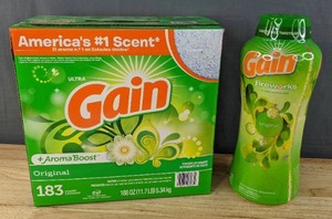lot 58 image: Brand New Gain Ultra Powder Laundry Detergent Original (188 oz., 183 loads) and Gain Fireworks In-Wash Scent Booster Beads Original L