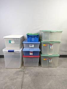 lot 80 image: (9) Various Sized Plastic Totes with Lids N