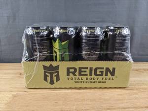 lot 24A image: New Reign Total Body Fuel White Gummy Bear Pack of 12 Fitness & Performance Drink, 16 Fluid Ounce Cans Q