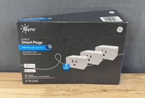 lot 116 image: Brand New GE Lighting Cync Indoor Smart Plug 3 Pack, Bluetooth and Wi-Fi Outlet Socket L