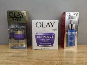 lot 61A image: Brand New Olay Beauty Products Retinol 24 Night Eye Cream, Regenerist Retinol & Peptide Night Facial Moisturizer, and Hyaluronic  Peptide 24 Face Serum Retail $65.91 O