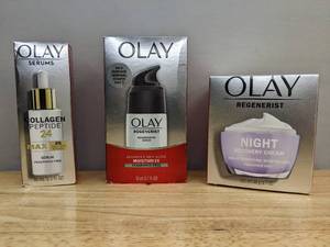 lot 48C image: Brand New Olay Beauty Products Regenerist Night Recovery Anti-Aging Cream Facial Moisturizer, Collagen Peptide 24 MAX Serum, and  Age Defying Anti-Wrinkle 2-in-1 Day Cream $65.92 O