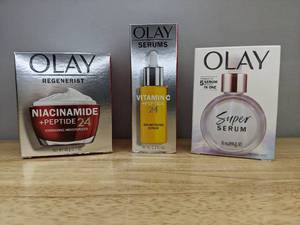 lot 10B image: Brand New Olay Beauty Products Super Serum 5-in-1 Anti-Aging Facial Serum, Vitamin C  Peptide 24 Brightening Facial Serum, and Regenerist Niacinamide  Peptide 24 Facial Moisturizer Cream Retail $80.55 O