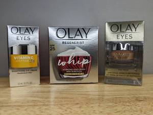 lot 14C image: Brand New Olay Beauty Products Ultimate Eye Cream for Wrinkles, Puffy Eyes  Dark Circles, Regenerist Whip Facial Moisturizer with SPF 25, and Vitamin C  Peptide 24 Eye Cream Retail $80.41 O