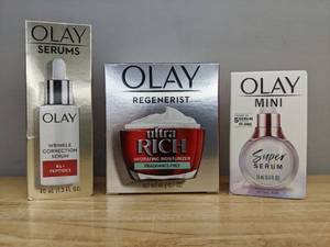 lot 84A image: Brand New Olay Beauty Products Skincare Super Serum Lightweight Face Serum Trial Size, Regenerist Ultra Rich Face Moisturizer, and Wrinkle Correction Serum with Vitamin B3  Collagen Peptides Retail $52.47 O