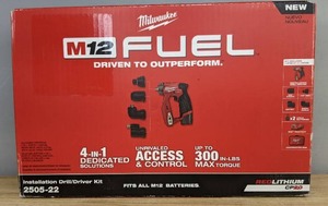 lot 9D image: Brand New Milwaukee M12 FUEL 12V Lithium-Ion Brushless Cordless 4-in-1 Installation 38 in. Drill Driver Kit with 4-Tool Heads $199 Retail O