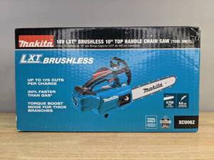 lot 5A image: Brand New Makita LXT 10 in. 18V Lithium-Ion Brushless Battery Top Handle Chain Saw (Tool-Only) $259 Retail O