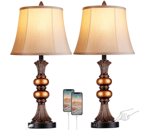 lot 113 image: LOT OF 2 Touch Control Traditional Table Lamp, 27H Bedside Lamps with 2 USB Charging Ports, 3-Way Dimmable Bronze Finish