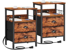 lot 131 image: LOT OF 2 Furologee Nightstand, Rustic Brown, with Charging Station and USB Ports
