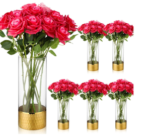 lot 152 image: LOT OF 12 Zubebe Gold Vase Clear Glass Cylinder Vases Set Flower Vase with Gold Honeycomb Metal Base Tall Vases