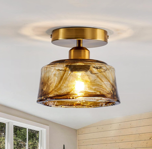 lot 164 image: CVKASH Semi Flush Mount Brass Ceiling Light Fixture Small Modern Gold Amber Glass