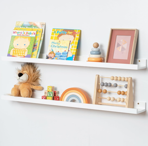 lot 262 image: LOT OF 2 Picture Ledge Shelf for Wall, Solid Pine Wood Nursery Book Shelves