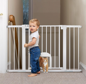 lot 273 image: Babelio Extra Wide Baby Gate with Adjustable Cat Door, Easy Install PressureHardware Mounted Dog Gates