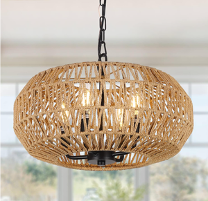 lot 291 image: Farmhouse Rattan Pendant Light, 15.7 4-Light Boho Chandelier Light Fixture