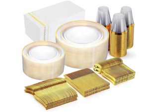 lot 469 image: GATHER 350pcs Clear and Gold Plastic Plates-Disposable Clear Plates with Gold Trim Dinnerware for 50 Guests