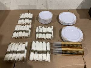 lot 103 image: 350 PCS Nervure White Gold Wedding Pre Rolled Napkins Plastic Plates