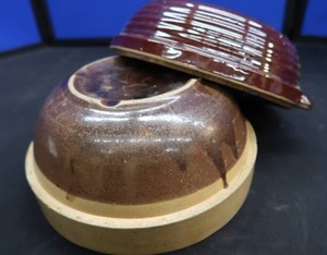 lot 20 image: ANTIQUE STONE WARE BOWL WITH STONEWARE LID