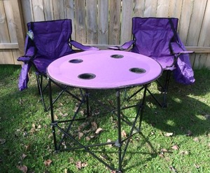 lot 25 image: NEW MYSTIC TAILGATE FOLDING POP UP TABLE  2 CHAIRS