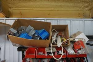 Tool Shop Shelving Unit With Plastic Storage Containers With All Contents Included