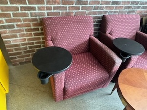 lot 73 image: Set of Matching Chairs with Attached Side Table and Cup Holder and Coffee Table